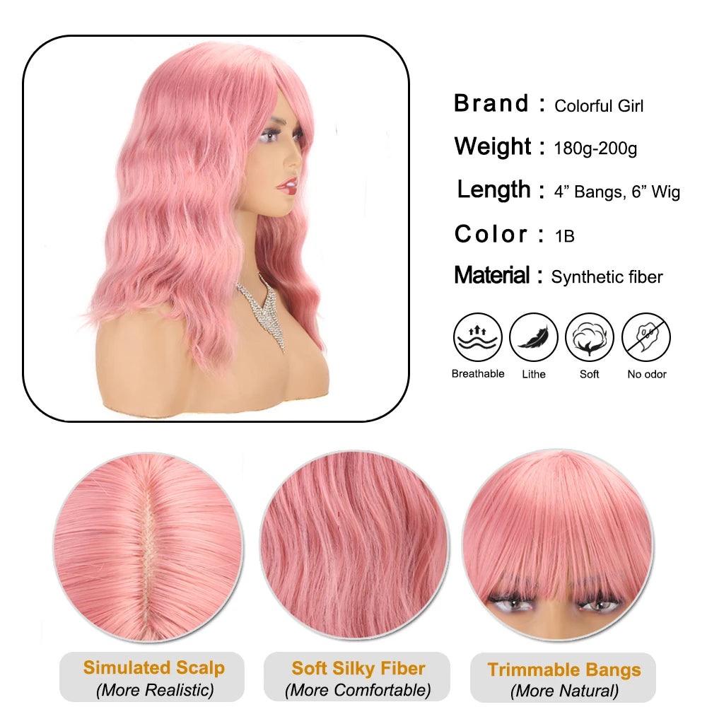 14" Soft Wavy Pink Wig With Bangs