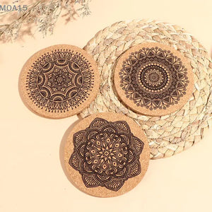 12x Mandala Round Wooden Coaster With Rack Cork Set