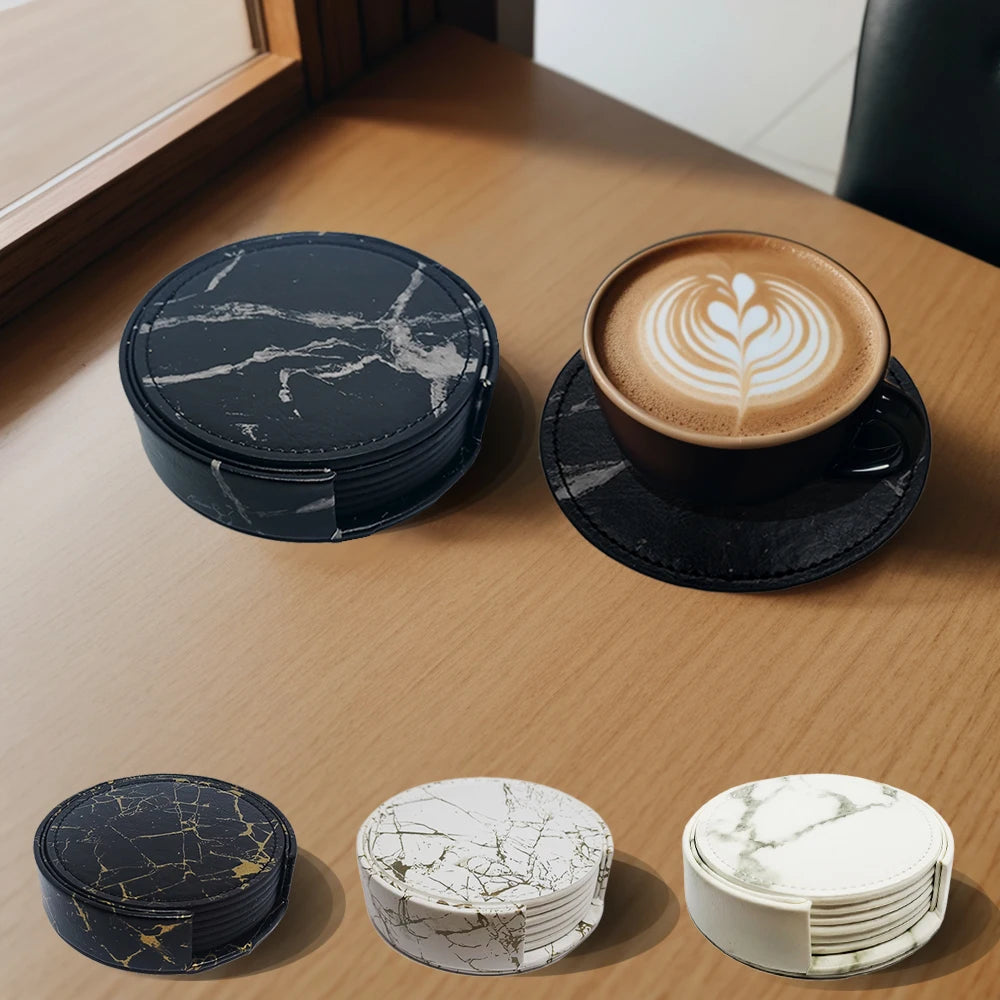 6-Pcs Artificial Leather Marble Style with Holder Drink Coasters