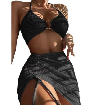Solid Color 3Pce Bikini With Adjustable Drawstring