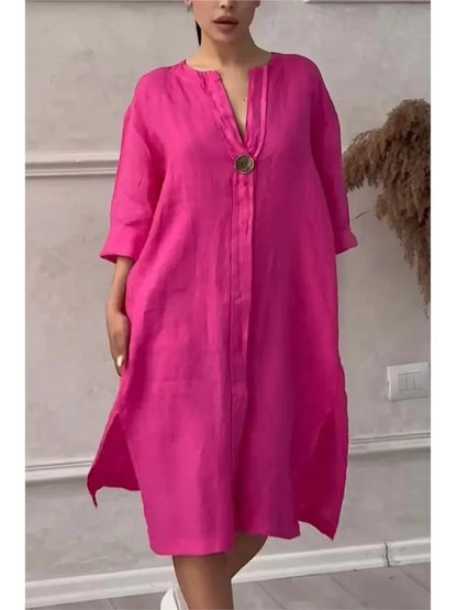 Long Sleeve Linen Solid Color Dress