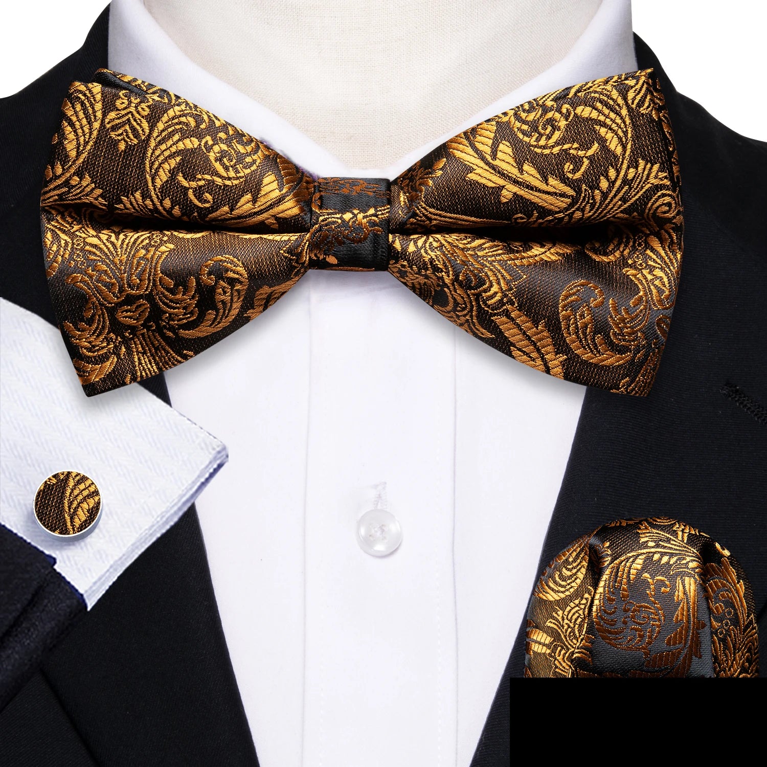 Barry.Wang Silk Bow Tie Hanky Cuffs Set