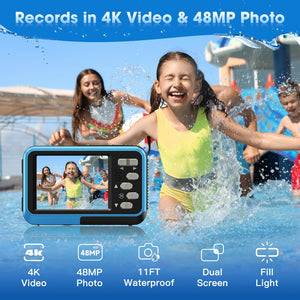 4K 11' Waterproof Camera with 64GB Card 48MP Autofocus Dual-Screen Underwater Camera for Snorkeling