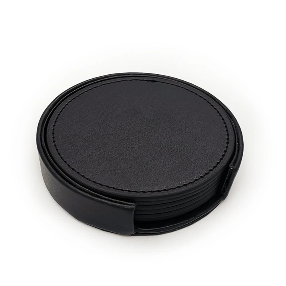 6-Pcs Artificial Leather Marble Style with Holder Drink Coasters