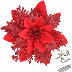 18Pcs Glitter Artificial Christmas Flowers With Clips