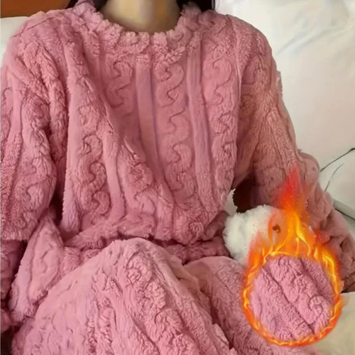 Soft Coral Velvet Jacquard Warm Pajama Set for Women