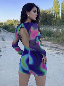 Tie Dye Long Sleeve Backless Mini Dress