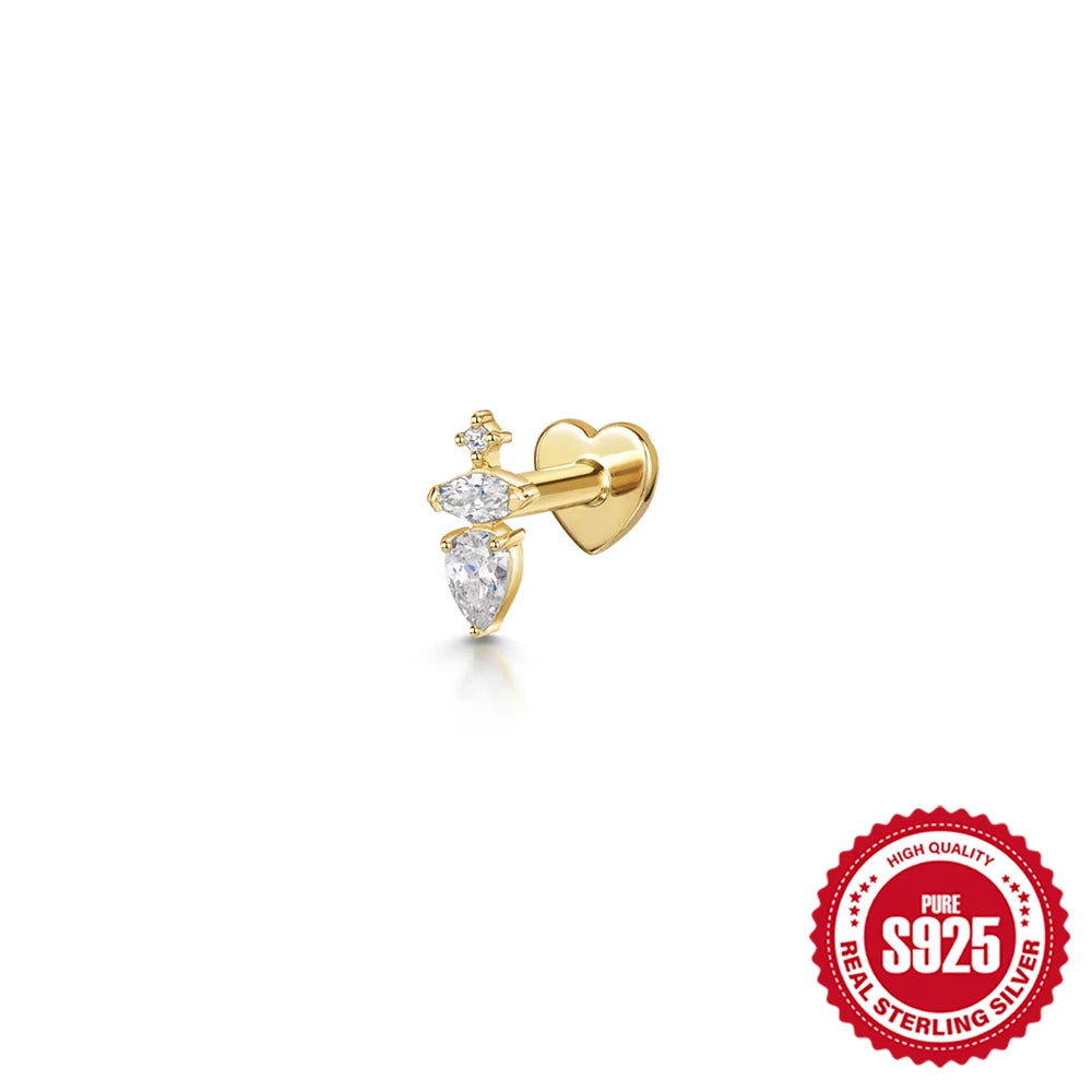 925 Sterling Silver Heart Flat Push-Back Zircon Piercing Stud Earrings