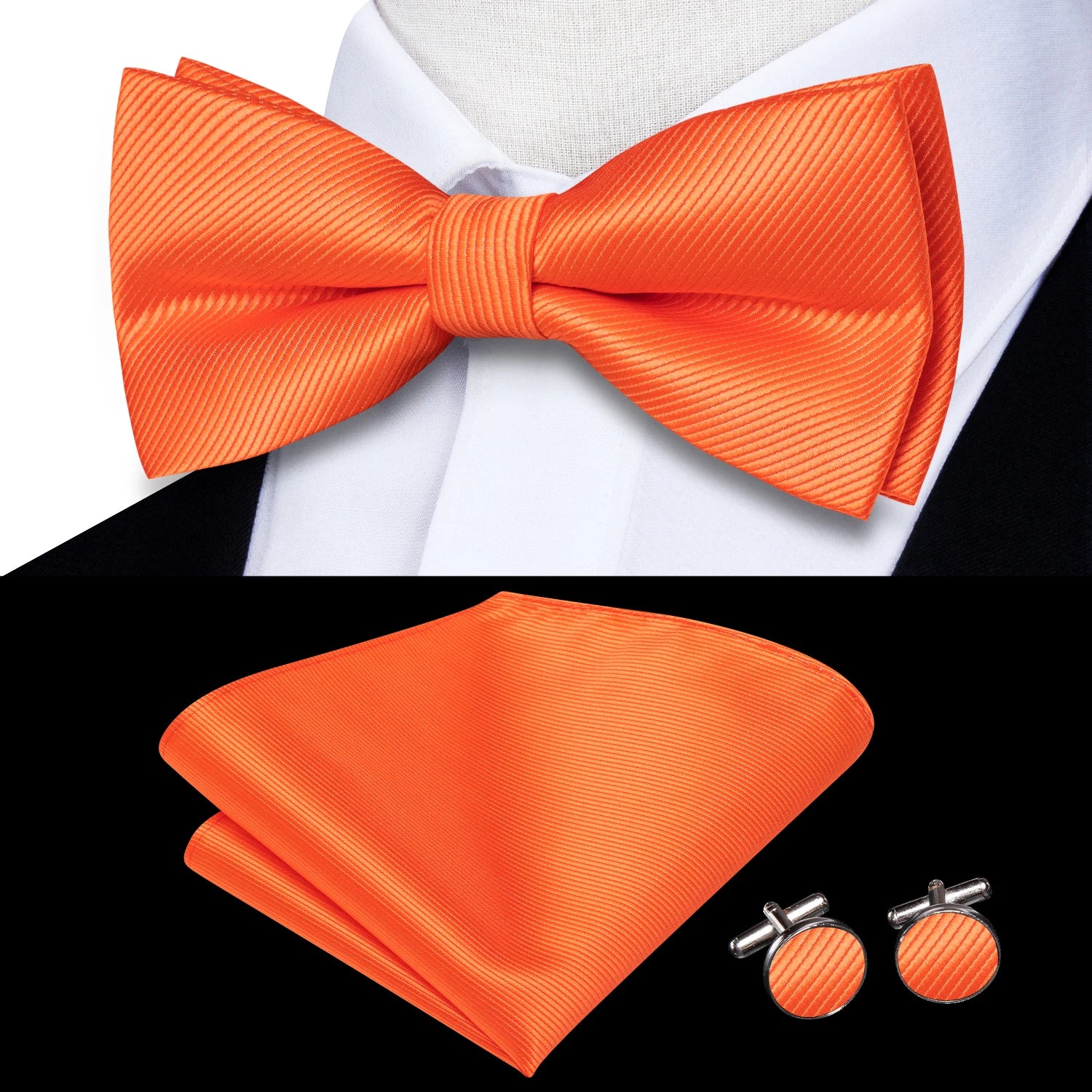 Solid Silk Bow Tie Hanky Cuff Links Set