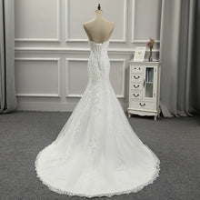 Long Train Lace Appliqued Strapless Slim-Line Sleeveless Wedding Dress