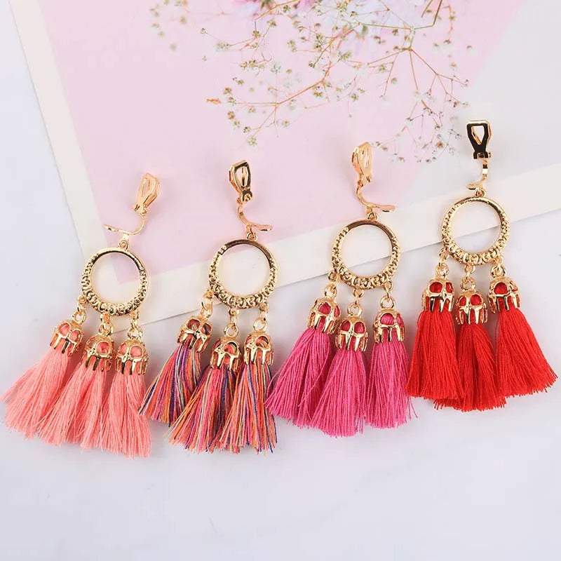 Trendy Bohemian Statement Tassel Clip On Earrings
