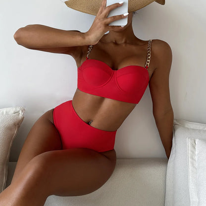 Hard Wrap Top Underwire Chain Shoulder Straps High Waist Swimwear