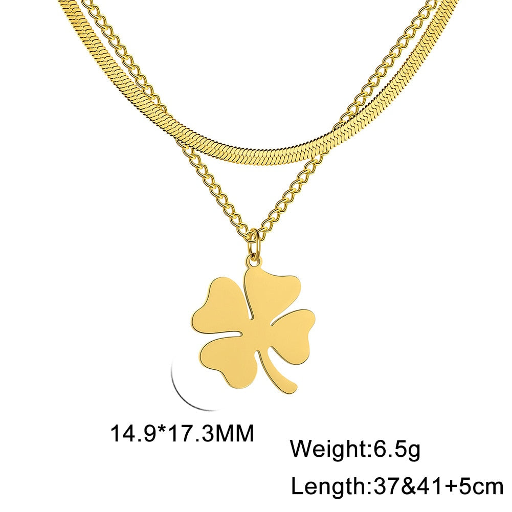 Lucky Clover Pendant Stainless Steel Double Layer Necklace