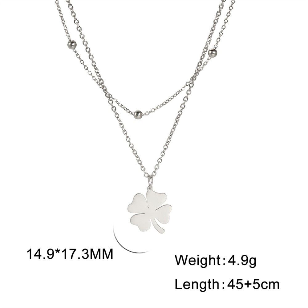 Lucky Clover Pendant Stainless Steel Double Layer Necklace