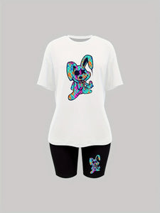 Cartoon Print Two Piece T-shirt & Shorts Set