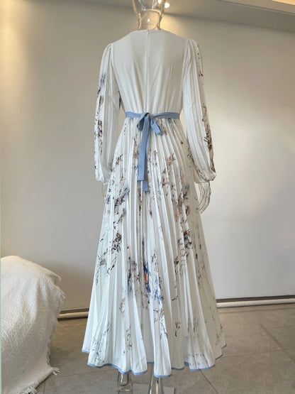 Sleeveless Floral Print High Waist A-Line Pleated Dress