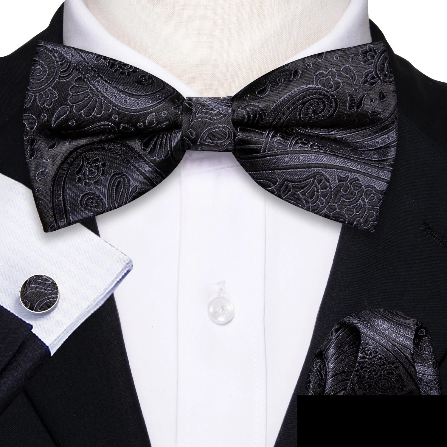 Barry.Wang Silk Bow Tie Hanky Cuffs Set