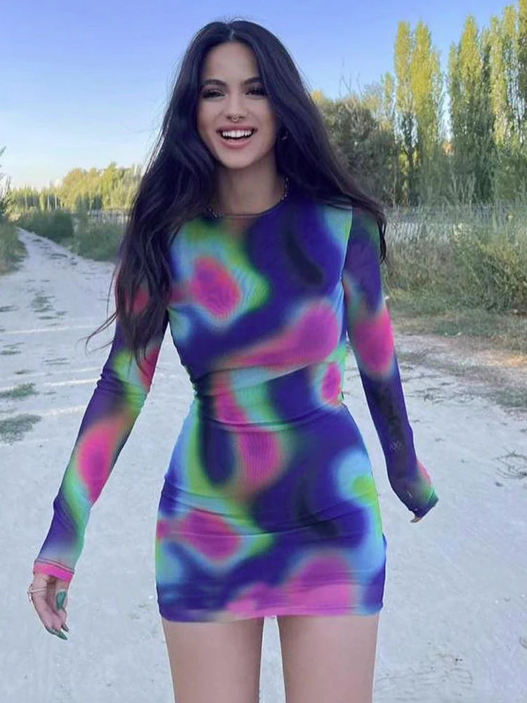 Tie Dye Long Sleeve Backless Mini Dress
