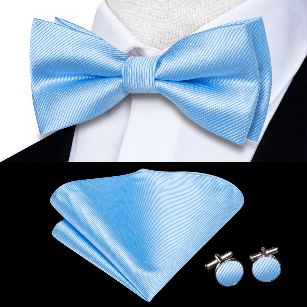 Solid Silk Bow Tie Hanky Cuff Links Set
