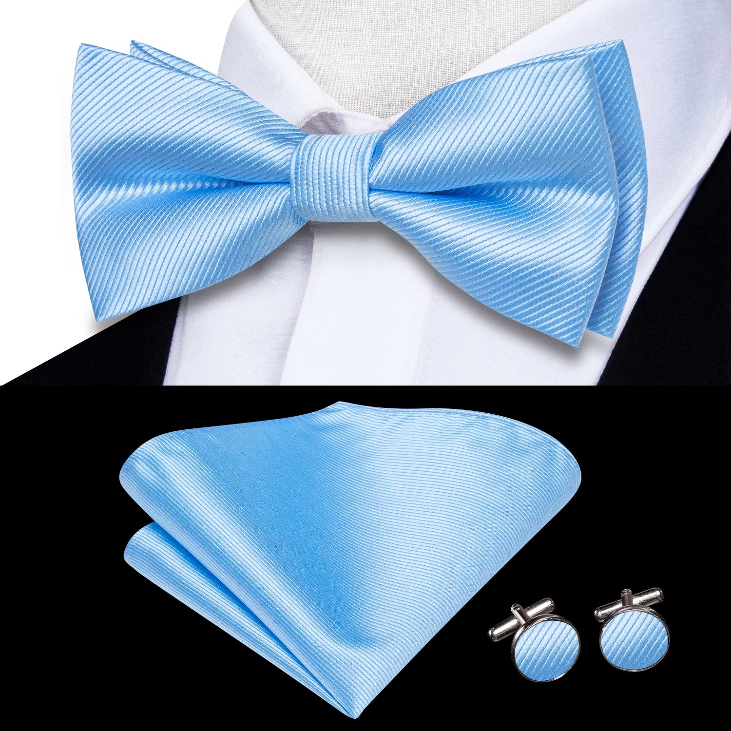Solid Silk Bow Tie Hanky Cuff Links Set