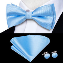 Solid Silk Bow Tie Hanky Cuff Links Set