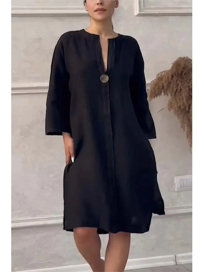 Long Sleeve Linen Solid Color Dress