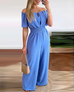 Off Shoulder Plain Short Sleeve Shirred Waist Wide Leg Jumpsuit