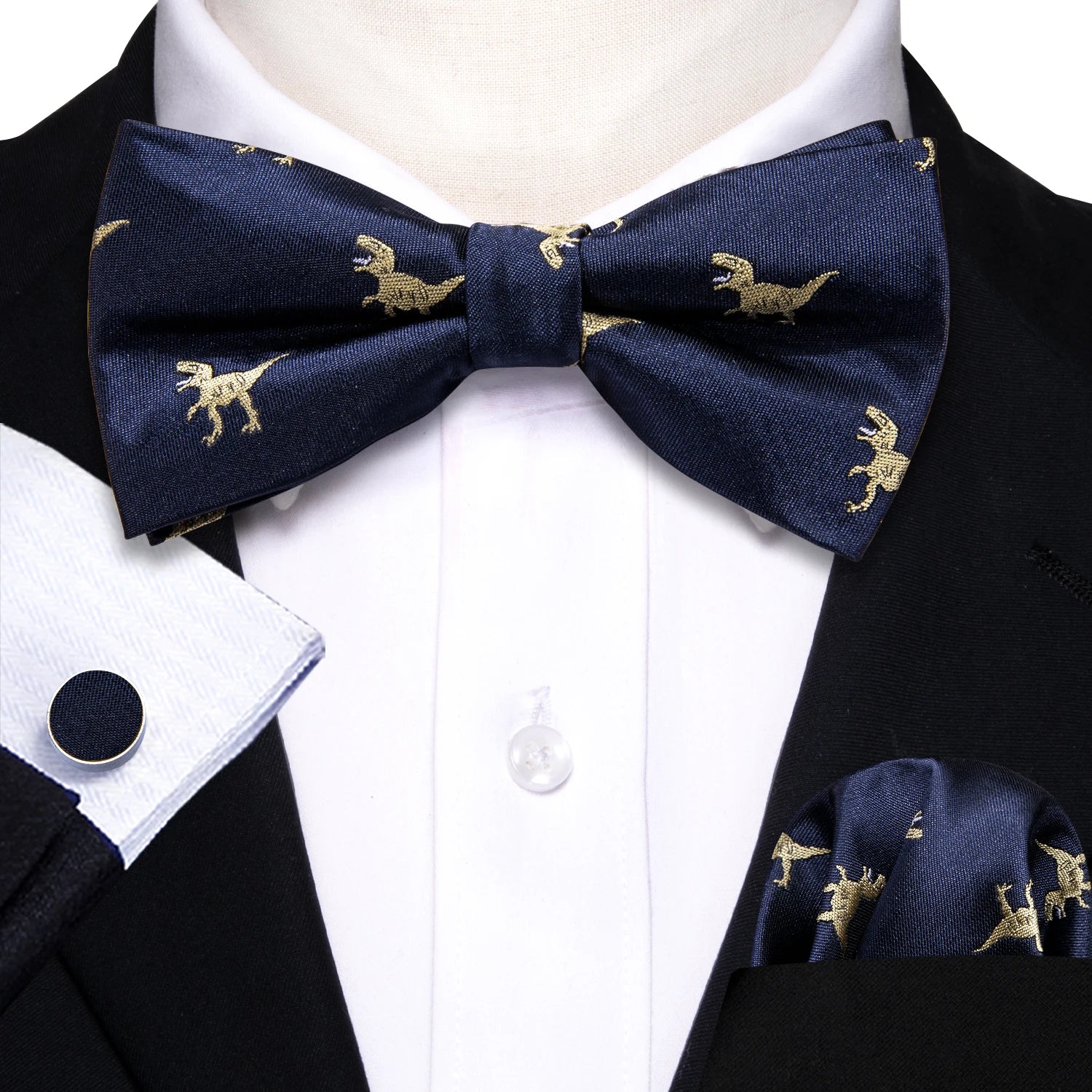 Barry.Wang Silk Bow Tie Hanky Cuffs Set