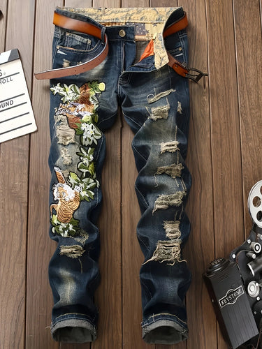 Men's Ripped Designer Print Slim Jeans