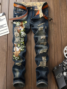 Men's Ripped Designer Print Slim Jeans