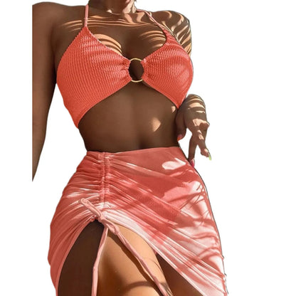 Solid Color 3Pce Bikini With Adjustable Drawstring