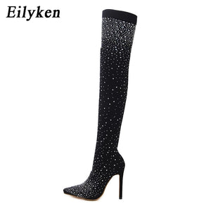 Crystal Rhinestone Stretch Fabric High Heel Over-the-Knee Boots