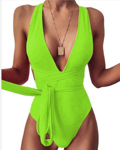 Plunging One Piece Backless Belted Swimsuit