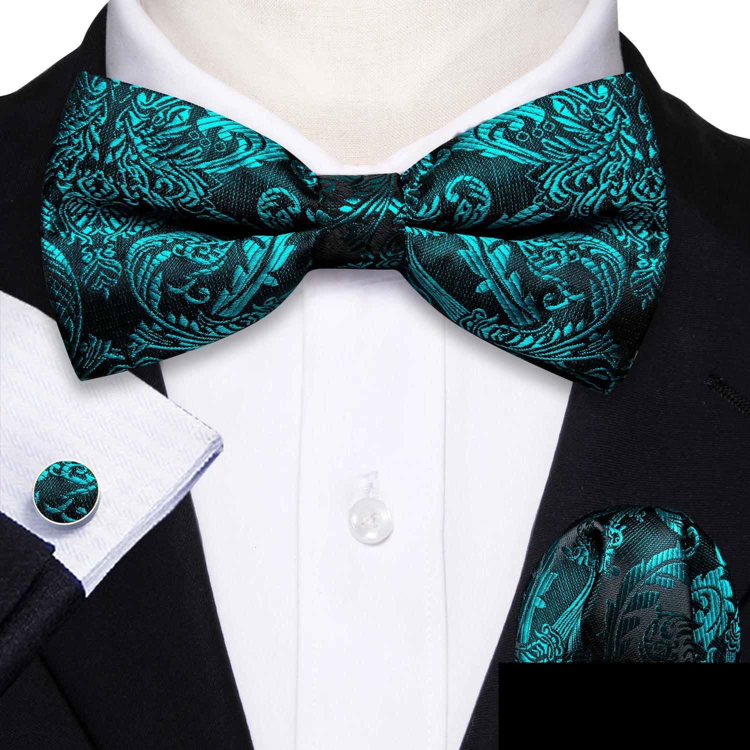 Barry.Wang Silk Bow Tie Hanky Cuffs Set