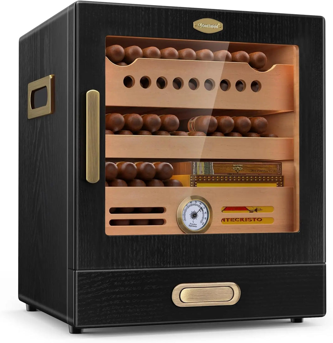 Spanish Cedar Wood Cigar Humidor Cabinet with Accessories Drawer, Precision Hygrometer and 2 Humidifiers