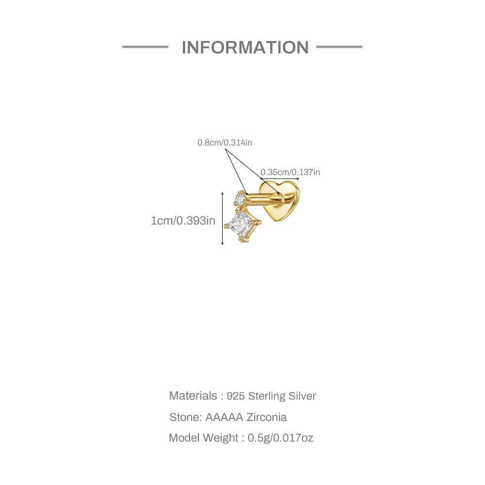 925 Sterling Silver Heart Flat Push-Back Zircon Piercing Stud Earrings