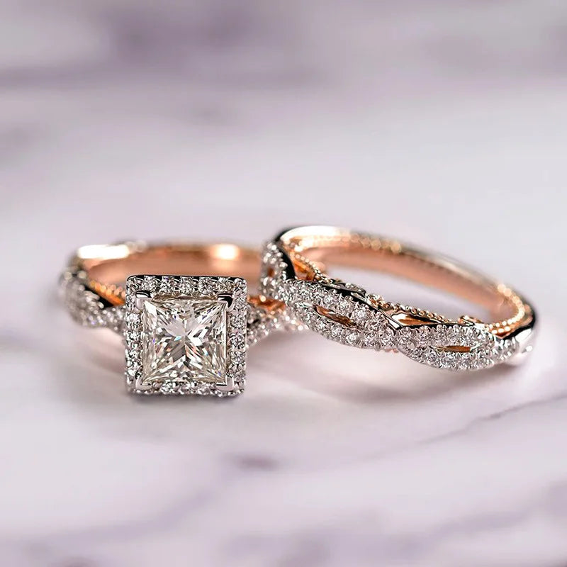Rose Gold Princess Cut Ring Set