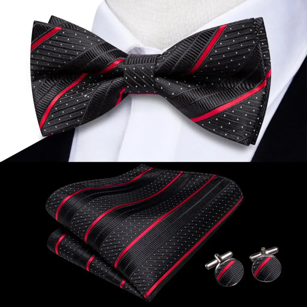 Solid Silk Bow Tie Hanky Cuff Links Set