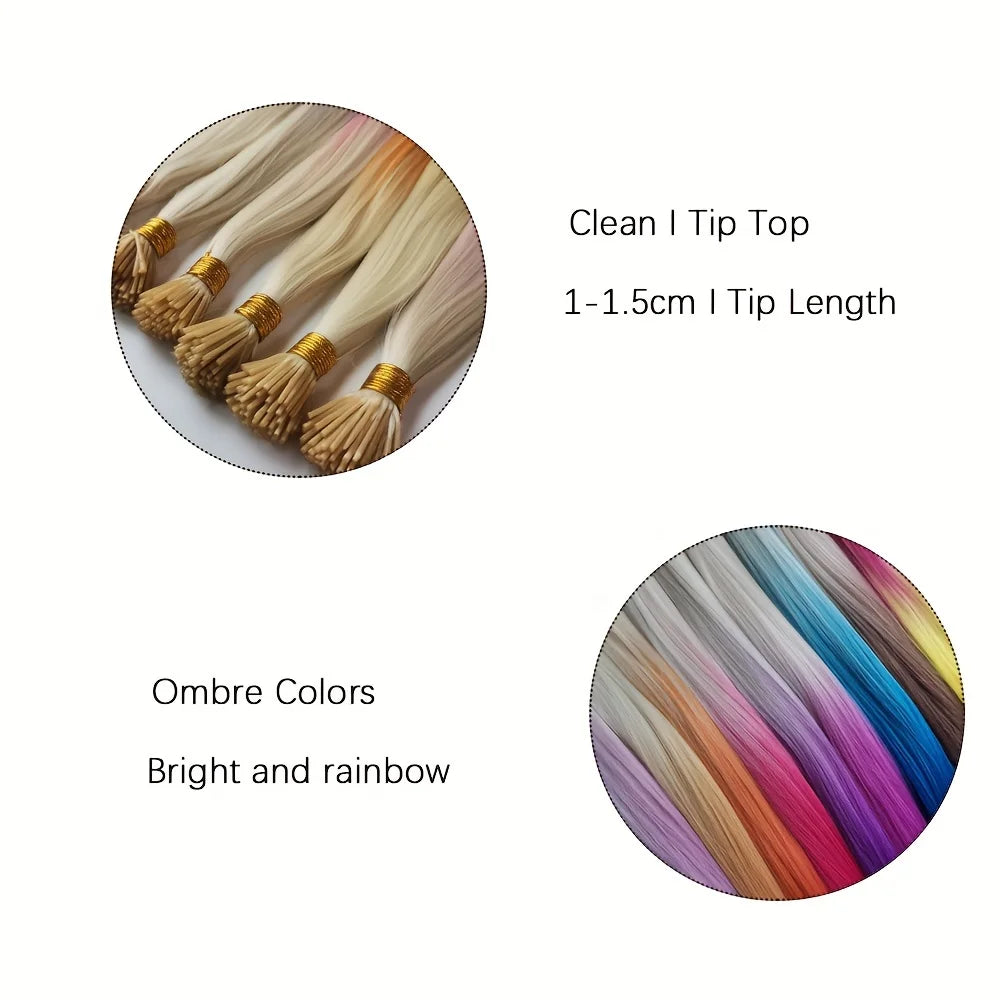 Rainbow Color I-Tip Long Straight Hairpieces