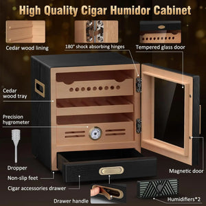 Spanish Cedar Wood Cigar Humidor Cabinet with Accessories Drawer, Precision Hygrometer and 2 Humidifiers