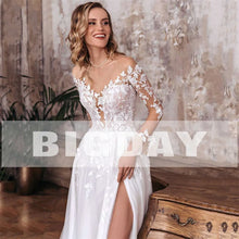 Elegant A-Line Open Back Long Sleeve Side Split Bridal Gown with Sweep Train