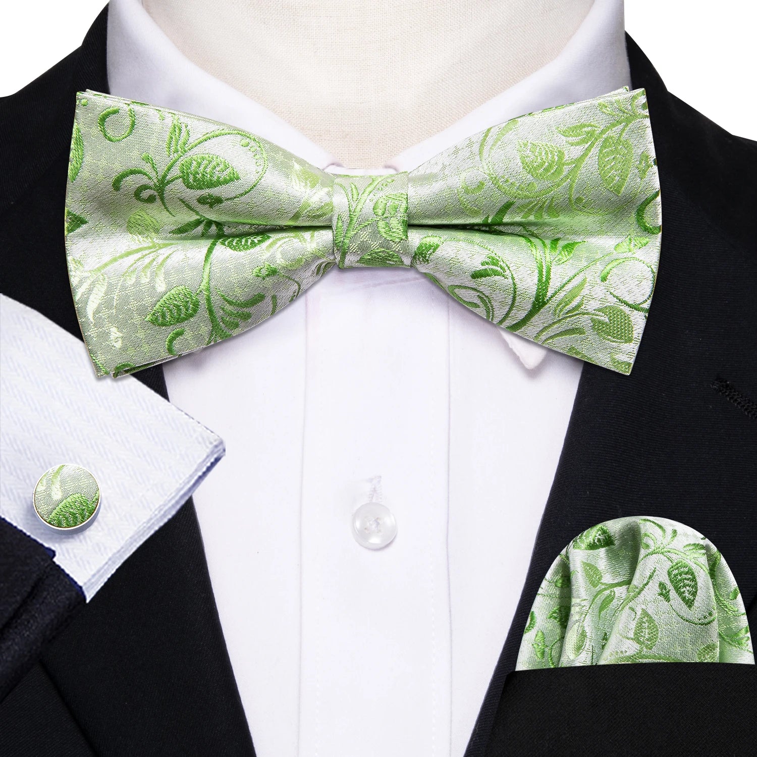 Barry.Wang Silk Bow Tie Hanky Cuffs Set