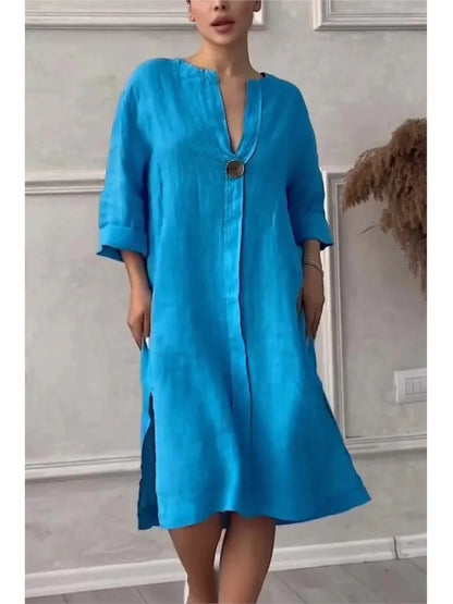 Long Sleeve Linen Solid Color Dress