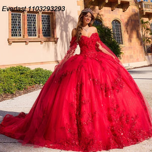 EVLAST 3D Floral Applique Beading With Cape Quinceanera Dress