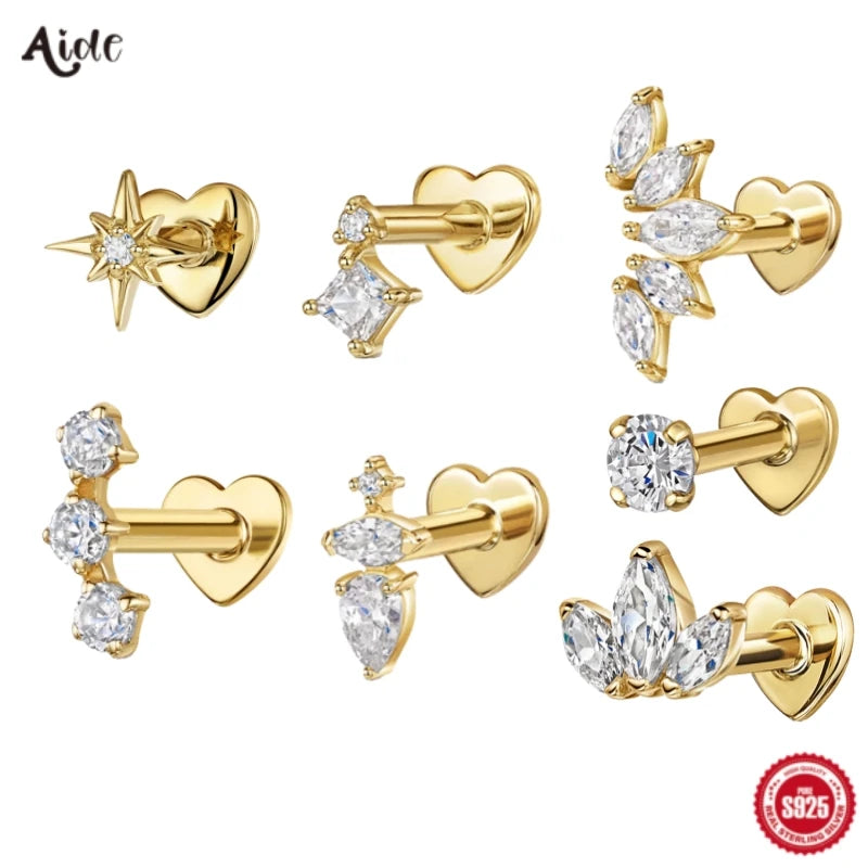 925 Sterling Silver Heart Flat Push-Back Zircon Piercing Stud Earrings