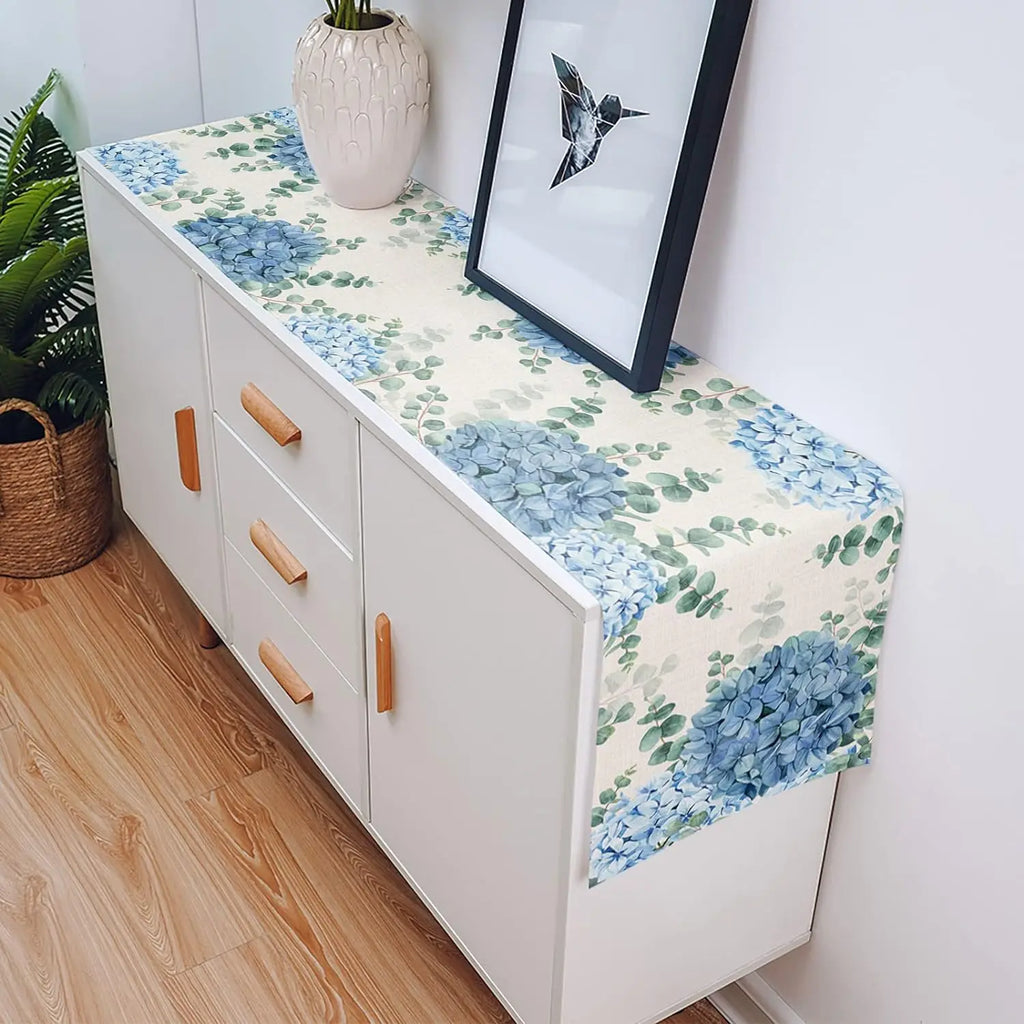 Blue Hydrangea Eucalyptus Plant Linen Table Runners