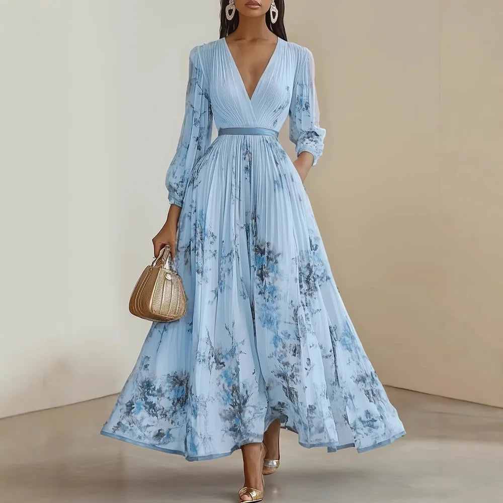 Sleeveless Floral Print High Waist A-Line Pleated Dress