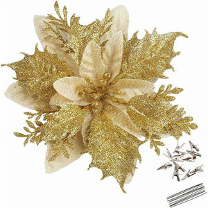 18Pcs Glitter Artificial Christmas Flowers With Clips