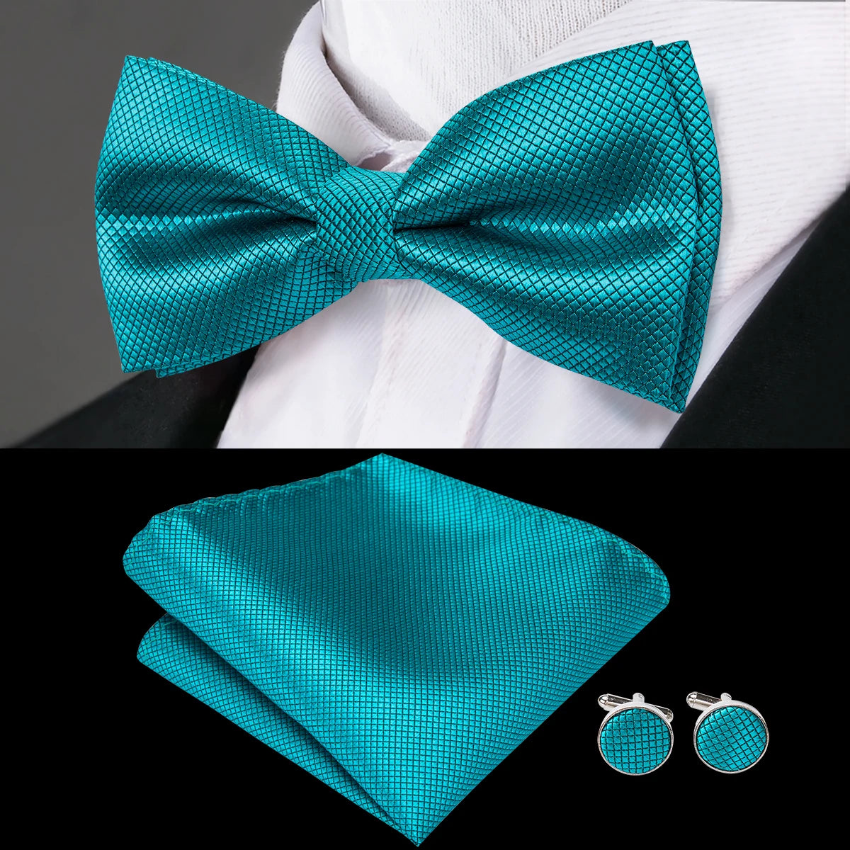 Solid Silk Bow Tie Hanky Cuff Links Set
