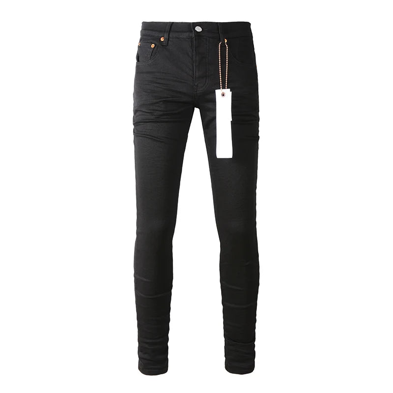 High Street Distressed Black Stretch Skinny Button Fly Ripped Jeans